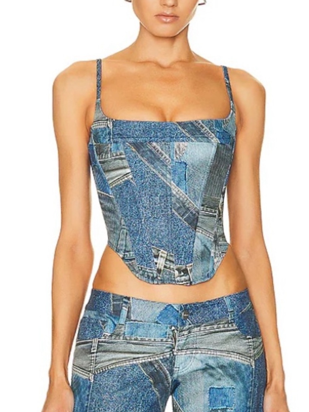 Miaou Patchwork Denim-Print Corset Camisole in Blue